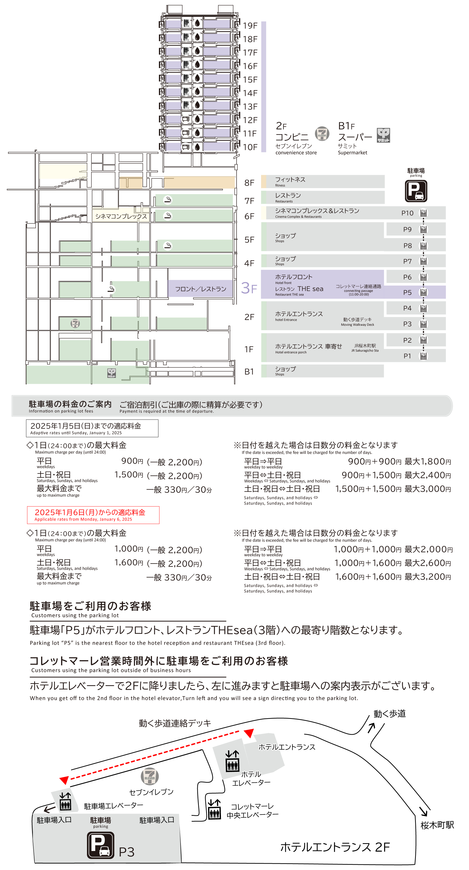 ニューオータニイン横浜プレミアムの館内案内図です。ホテルフロントはショッピング＆レストラン「コレットマーレ」の3階です。